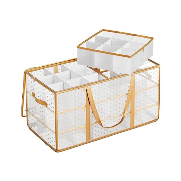 Christmas Bauble Storage Box, Christmas Baubbles Opslag, 54 compartimenten van 10,2 cm elk, gemaakt van plastic, deksel, 2 ritsen, 6 tabletten, zijhandgrepen, zandgoud