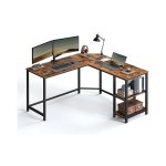 Desk L-vormige computerbureau hoekbureau met 2 planken, ruimtebesparend bureau, gaming thuiskantoor, gemakkelijk te monteren, zwart met houten graan