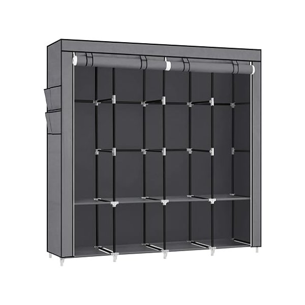 Stoffen kledingkast, garderobe, 45 x 170 x 167 cm, 4 hangende compartimenten, met planken, 4 zijcompartimenten, veel ruimte voor slaapkamer, woonkamer, grijs