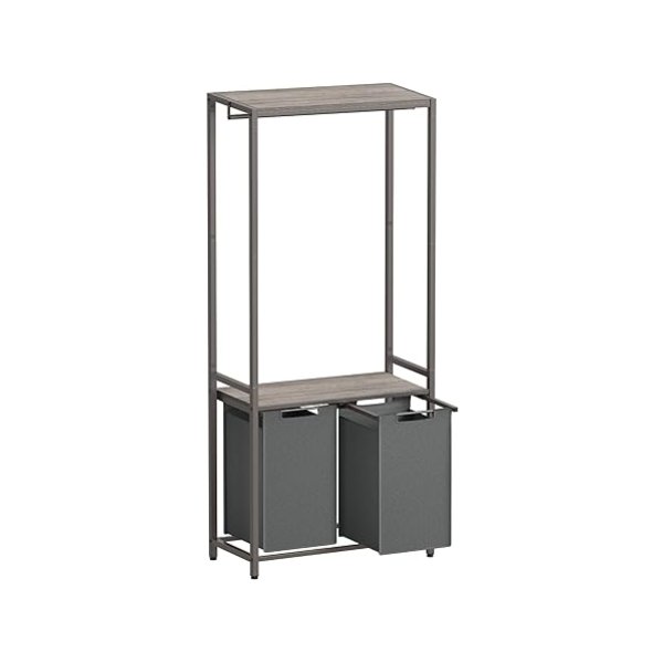 Wasmand, 2-delige wasmand met 2 planken, uitbreidbare en verwijderbare voeringen, kledingrail, 2 x 46 L, 73 x 33 x 177 cm, Heather Greige en leisteengrijs