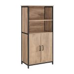 Keukenkast, boekenkast, 2 open vakken, kast met verstelbare planken, boekenkast met deuren, stalen frame, voor woonkamer, keuken, werkkamer, eikenbruin-zwart