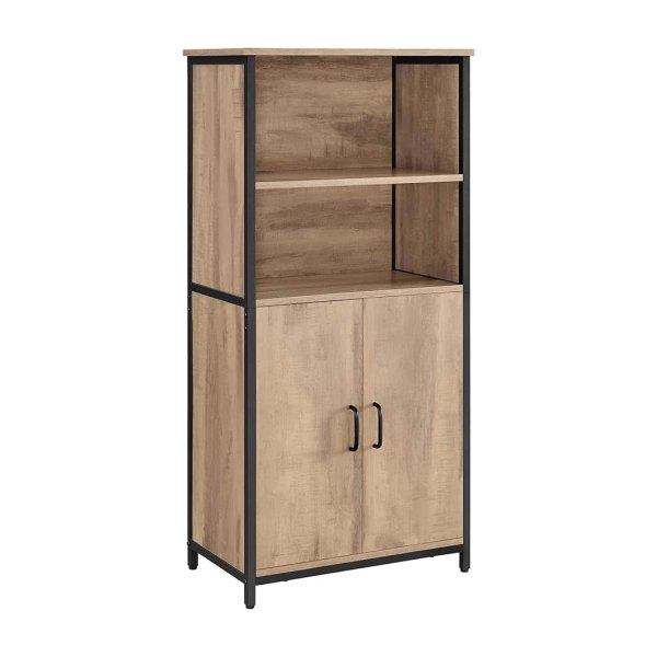 Keukenkast, boekenkast, 2 open vakken, kast met verstelbare planken, boekenkast met deuren, stalen frame, voor woonkamer, keuken, werkkamer, eikenbruin-zwart