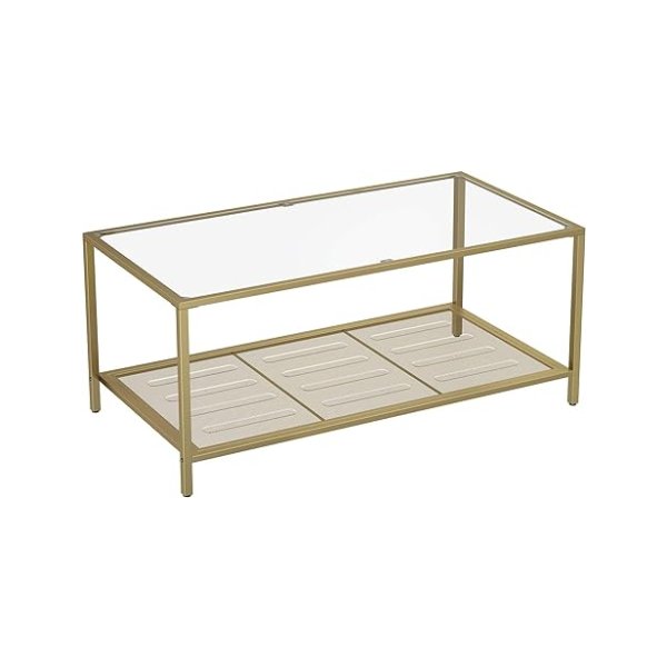 Salontafel, salontafel met gehard glazen met dicht gaas rooster, gemaakt van metalen frame, stabiel, woonkamer, gouden banner