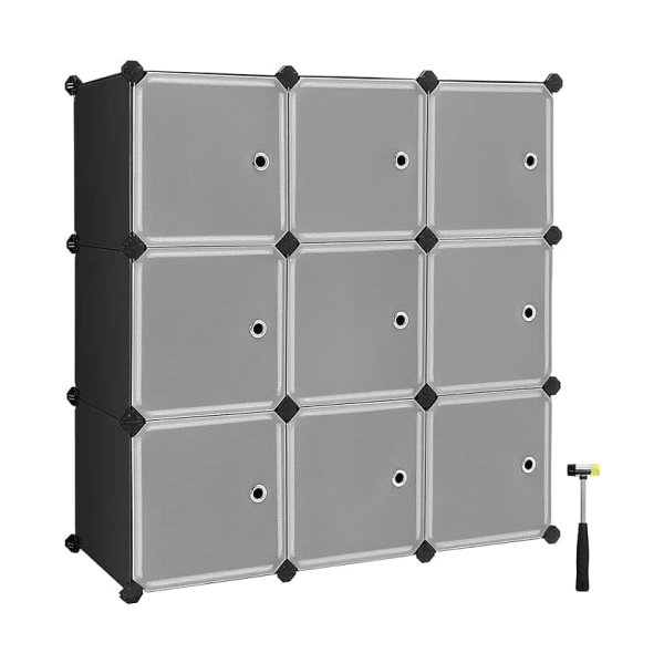 Opslagorganisator met 9-kubus, plastic kast met deuren, modulaire kast voor kleding, schoenen, speelgoed, boeken, gemakkelijke montage, zwart