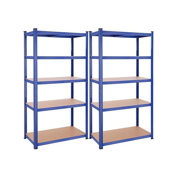 Opslagrekken, zware rekken, set van 2, kelderrekken, 200 x 100 x 50 cm, tot 870 kg laadcapaciteit, rekken, rekken zonder bout, versterkt stalen frame, 5 verstelbare planken, blauw