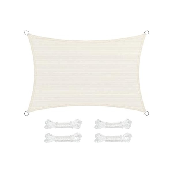 Zonnezeil/schaduwdoek; van HDPE-kunststof (polyethyleen); scheurt niet; is weerbestendig; met uv-bescherming; luchtdoorlatend; voor tuin, balkon, terras, camping; met scheerlijnen (totaal 2 m), 2 x 3 m, beigewit.