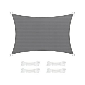 Zonnezeil/schaduwdoek; van HDPE-kunststof (polyethyleen); scheurt niet; is weerbestendig; met uv-bescherming; luchtdoorlatend; voor tuin, balkon, terras, camping; met scheerlijnen (totaal 2 m), 2 x 3 m, rookgrijs.