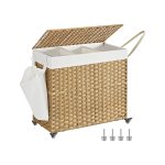 Wasmand met deksel, 160 L, wasverzamelaar 3 compartimenten, wassator met wielen, in rattan look, wasbag verwijderbaar, voor wasruimte, 70 x 36 x 66 cm, natuurlijke kleuren