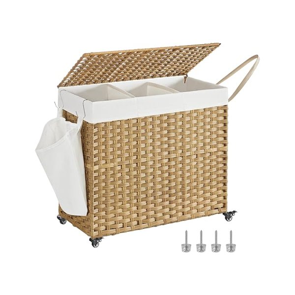 Wasmand met deksel, 160 L, wasverzamelaar 3 compartimenten, wassator met wielen, in rattan look, wasbag verwijderbaar, voor wasruimte, 70 x 36 x 66 cm, natuurlijke kleuren