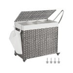 Wasmand met deksel, 160 L, wasverzamelaar 3 compartimenten, wassator met wielen, rattan look, wasbag afneembaar, voor wasruimte, 70 x 36 x 66 cm, grijs