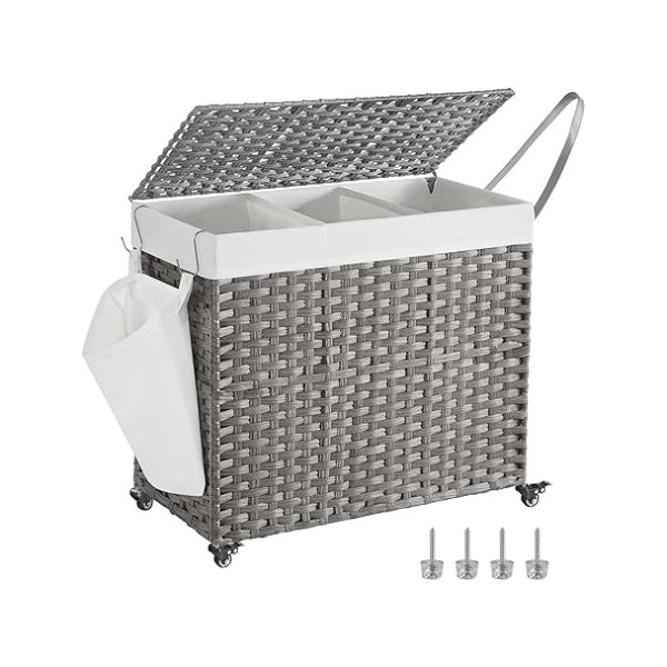 Wasmand met deksel, 160 L, wasverzamelaar 3 compartimenten, wassator met wielen, rattan look, wasbag afneembaar, voor wasruimte, 70 x 36 x 66 cm, grijs