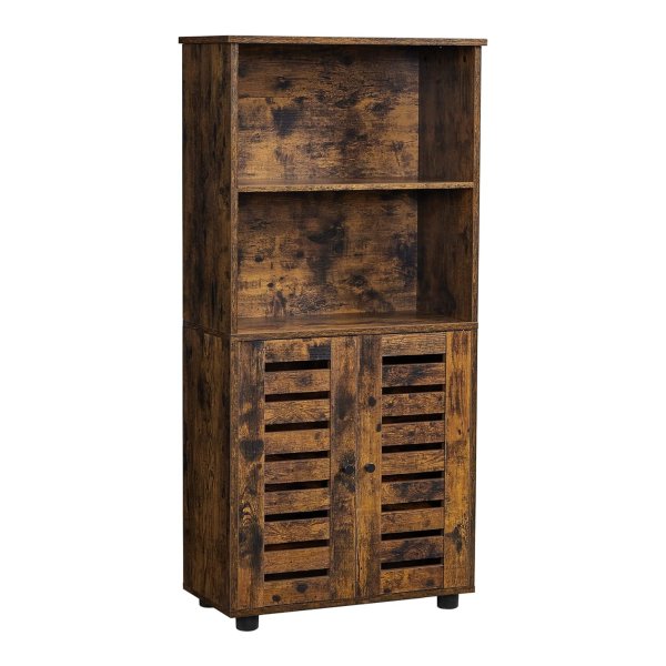 Boekenkast, keukenkast, opbergkast, boekenkast met latdeuren, 2 open compartimenten, hoogte verstelbare plank, met benen, voor woonkamer, keuken, vintage bruin