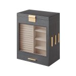 Sieradendoos, sieradendoos 5 niveaus, sieradendoos met glazen ramen, zijladen, grote spiegel, sieradenopslag, 15,5 x 26,1 x 32 cm, leigrijs-metallic goud