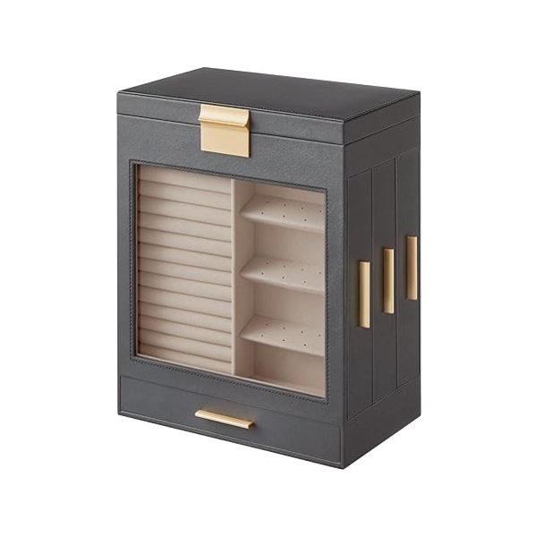Sieradendoos, sieradendoos 5 niveaus, sieradendoos met glazen ramen, zijladen, grote spiegel, sieradenopslag, 15,5 x 26,1 x 32 cm, leigrijs-metallic goud