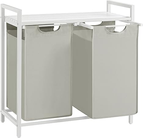 Wasmand met 2 Vakken – Wassorteerder met Uittrekbare Waszakken – Wit – 2x46L