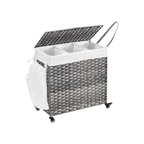 Wasmand met deksel, 140 L, wasmand met wielen, 3 compartimenten, verwijderbare binnenzak, voor pantry, slaapkamer, 66 x 33 x 66 cm, grijs