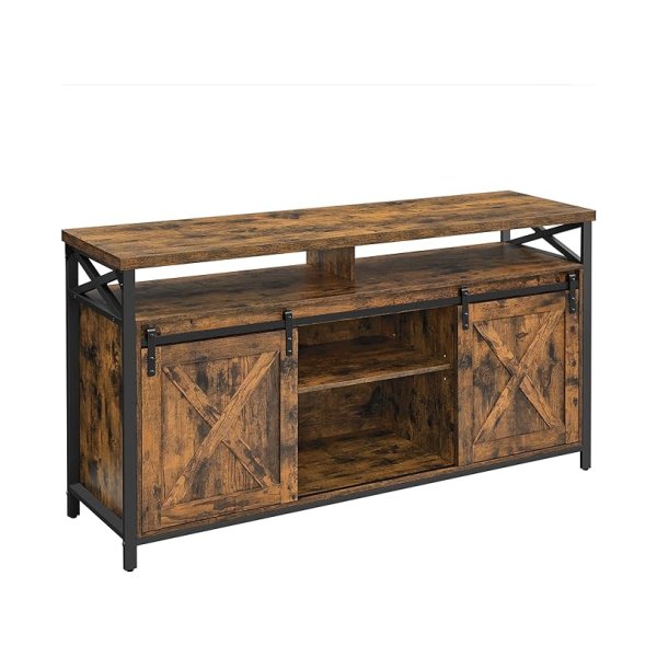 Tv -kast voor televisie tot 65 inch, tv -poorttafel met verstelbare planken, hoofdstijl, vintage, metalen structuur, vintage en zwarte structuur