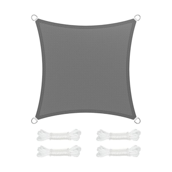 Zonnezeil/schaduwdoek; van HDPE-kunststof (polyethyleen); scheurt niet; is weerbestendig; met uv-bescherming; luchtdoorlatend; voor tuin, balkon, terras, camping; met scheerlijnen (totaal 2 m), 2 x 2 m, rookgrijs.