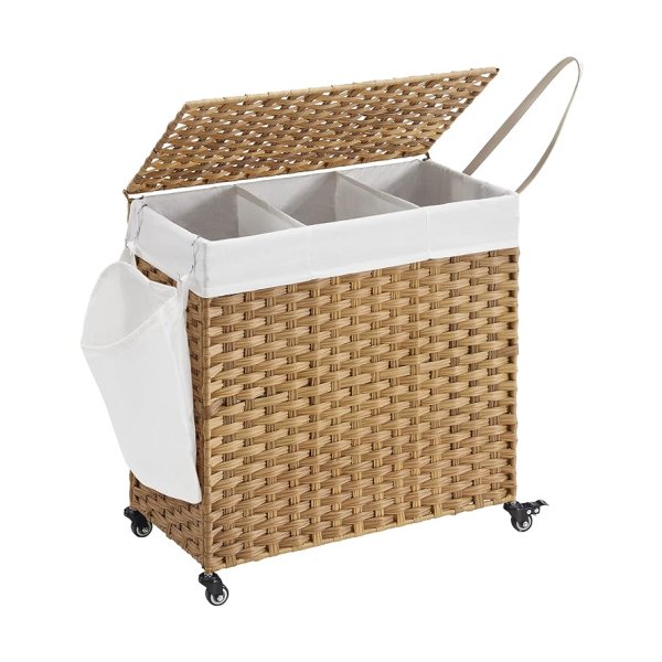 Handweven wasmand, 140 L, rattan look, 3-delige verwijderbare tas, dekselgrepen, gemakkelijke montage, woonkamer, badkamer, 66 x 33 x 60 cm, houten kleur