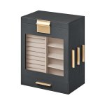 Sieradendoos, sieradendoos 5 niveaus, sieradendoos met glazen ramen, zijladen, grote spiegel, sieradenopslag, 12,9 x 20 x 24,7 cm, leigrijs-metallic goud
