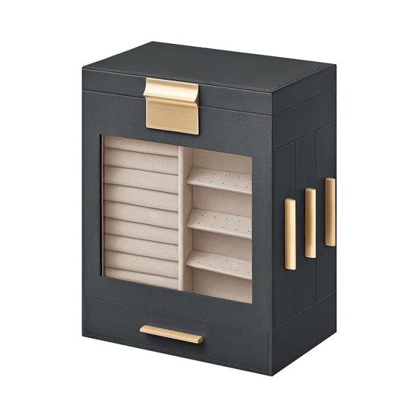 Sieradendoos, sieradendoos 5 niveaus, sieradendoos met glazen ramen, zijladen, grote spiegel, sieradenopslag, 12,9 x 20 x 24,7 cm, leigrijs-metallic goud