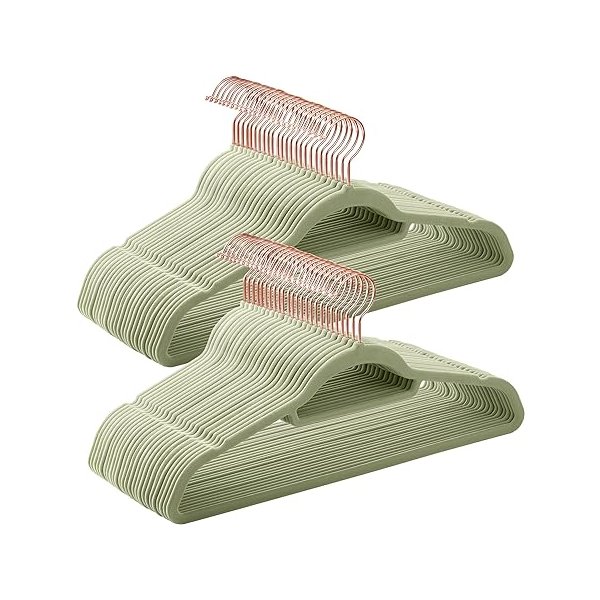 Kledinghangers fluweel set van 50 beugels niet-slip kleine tie staaf 360 ° roteerbare haak in roségoud, 0,5 cm dik, ruimtebesparend, 43,5 cm lang voor jassen, broeken, lichtgroen