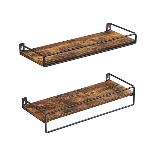 Kruidenrek, set van 2, keukenrek, zwevend rek met stang, wandplank, opbergruimte, aan de muur, voor keuken, slaapkamer, woonkamer, vintage bruin-zwart