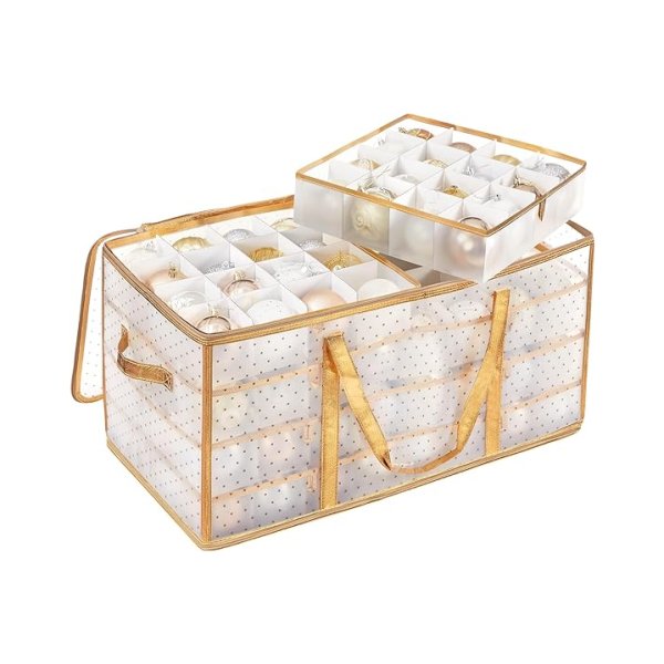 Bauble opbergdoos, kerstdecoratie opbergdoos, 128 dozen, modulaire scheidingsmiddelen, 67 x 34 x 34 cm, semi-transparant goud