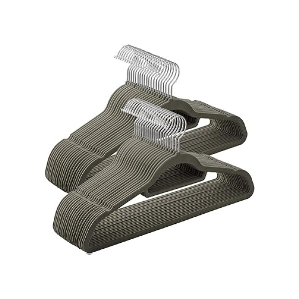 Kledinghangers, fluweel 0,5 cm dik niet-slipoppervlak met twee inkepingen, 360 graden roteerbare haak, grijs, pak van 50