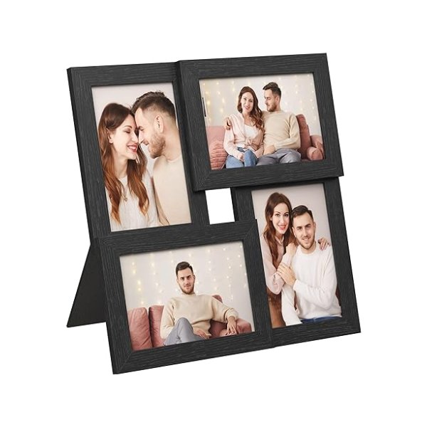 Fotoframe collage voor 4 foto's, 10 x 15 cm, wandbevestiging fotogalerij display, met glazen plaat, zwarte houten graan