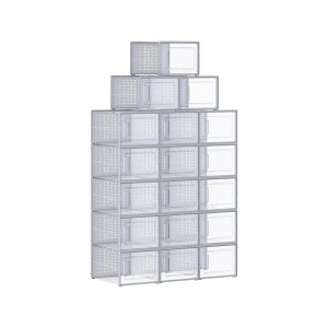Schoenendoos voor schoenen tot maat 46.5, stapelbare schoenorganisator, opvouwbaar en veelzijdig, transparant en grijs, 18 stuks