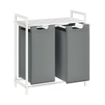 - Wasmand, vuile wasmand met 2 compartimenten en 2 verwijderbare Oxford Fabric Pockets Workop, metalen frame - 2 x 46 liter, 73 x 33 x 72 cm, wit en lichtgrijs