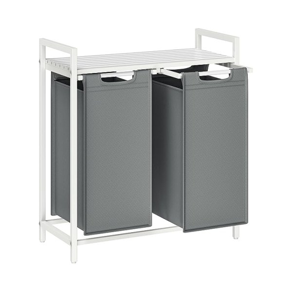 - Wasmand, vuile wasmand met 2 compartimenten en 2 verwijderbare Oxford Fabric Pockets Workop, metalen frame - 2 x 46 liter, 73 x 33 x 72 cm, wit en lichtgrijs