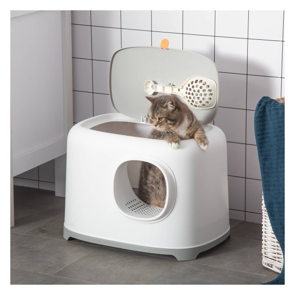 Kattenbak - HappyPets - Met klapdeksel – Opvangmat - Grijs