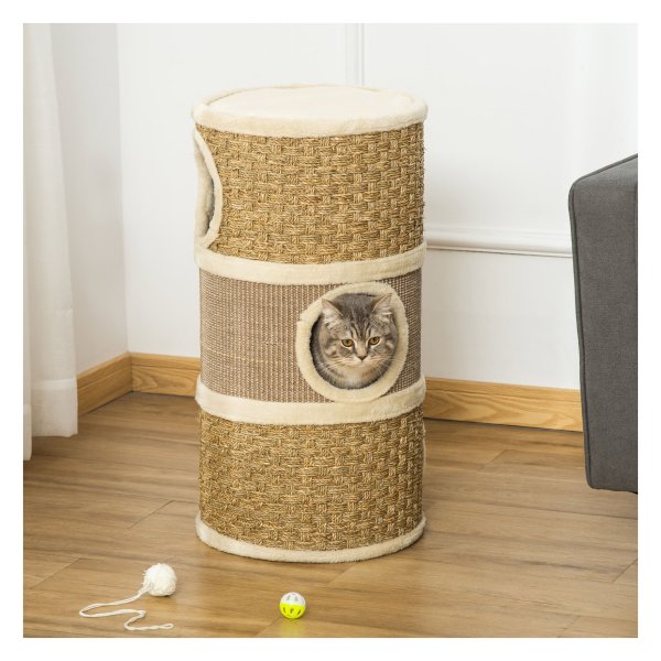 Klimboom – Krabpaal Post Scratch Bin - 3 niveaus - Sisal & pluche - Beige