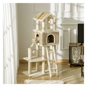 Kattengrot - Krabboom - Speelballen - Groot platform - Khaki/beige
