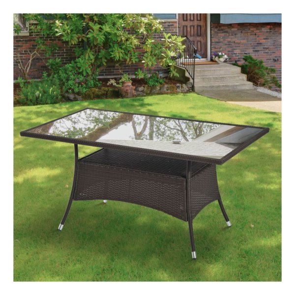 Tuineettafel - LuxeLife - Poly rattan - Glazen blad - Bruin & zwart