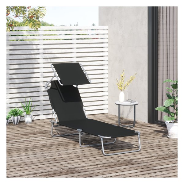 Tuinligstoel - RelaxGarden - Opvouwbaar - Zonbescherming - Zwart