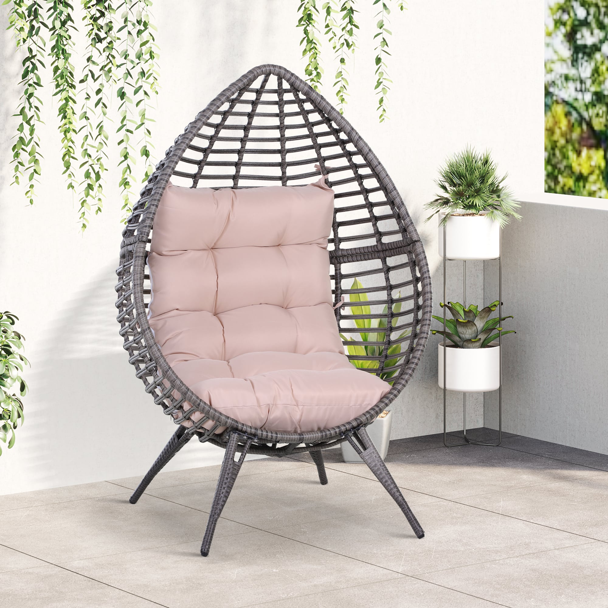 Rattan fauteuil in drop vorm tuin fauteuil met zitkussen verhoogde rotan stoel staal grijs 101 x 89 x 156 cm SimpleDeal