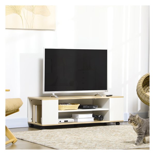 Televisiekast - ElegantHome - Wieltjes - Open vakken - Wit/natuurlijk hout