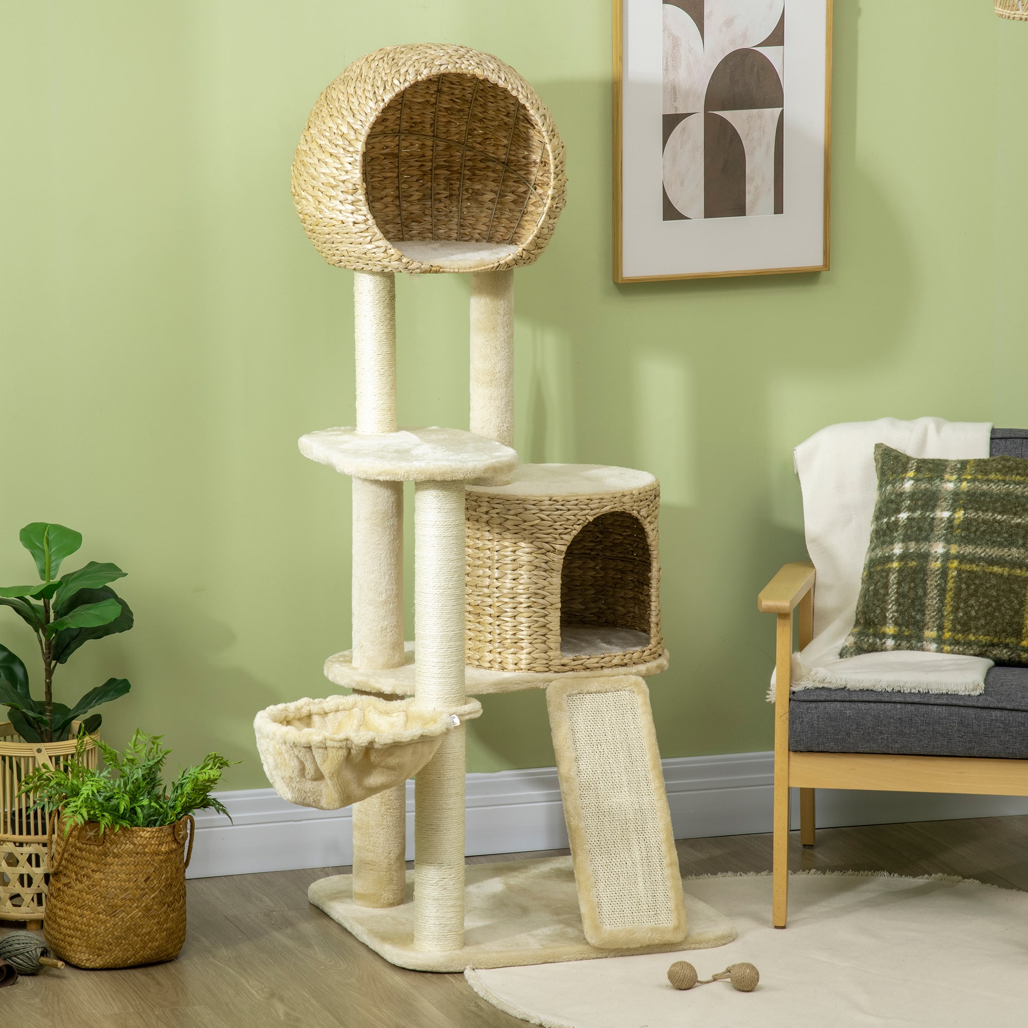 Krabpaal met pawhut, 150 cm, krabpaal met kattenhuis, klimboom met hangmat, sisalpaal en helling, krabpaal voor katten, speelboom met kantelbescherming, pluche, beige