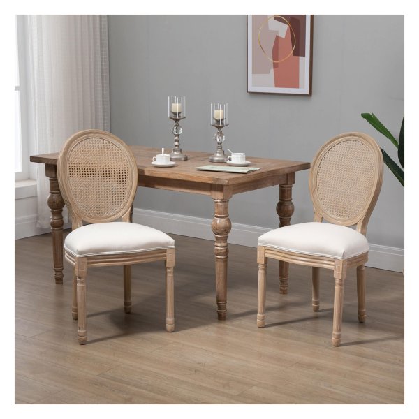 Eetkamerstoelen - Vintage Chic - Gestoffeerde Zitting - Rotan Rugleuning - Wit