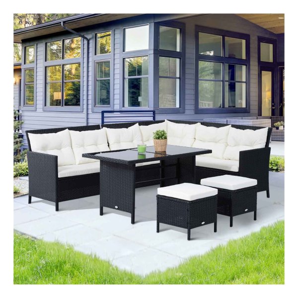 Tuinset - LuxeLife - 7-persoons – Poly rattan - Zwart & crèmewit