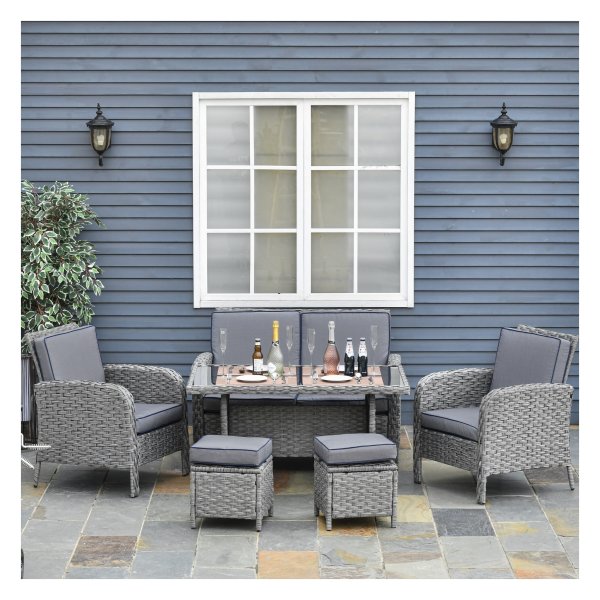 Tuinset – Luxe Poly Rattan - Eettafel inclusief Voetbank - Grijs