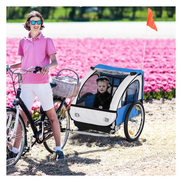 Kinderfietsaanhanger - Veilige zitbankjes - Stalen frame - Blauw