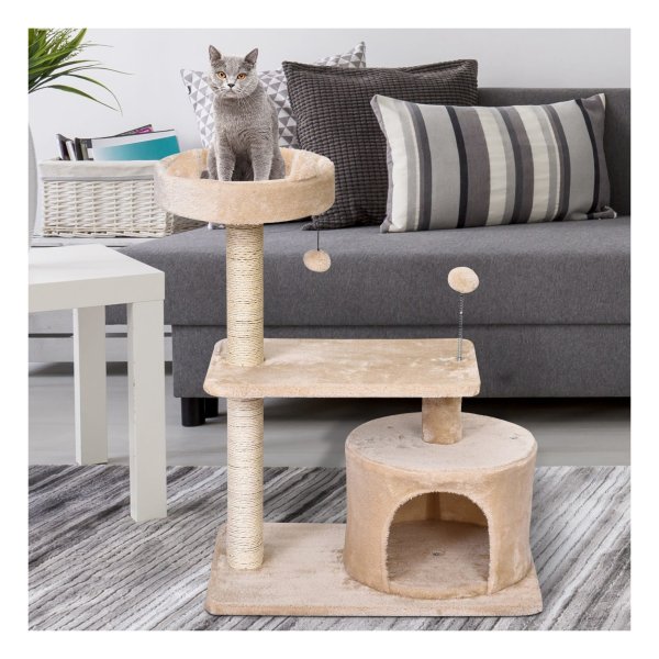 Krabmeubel - HappyCat - Drie krabpalen - Kattenhuisje - Beige