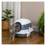 Kattenbak – HappyCat - Deksel – Geurfilter - Grijs & wit