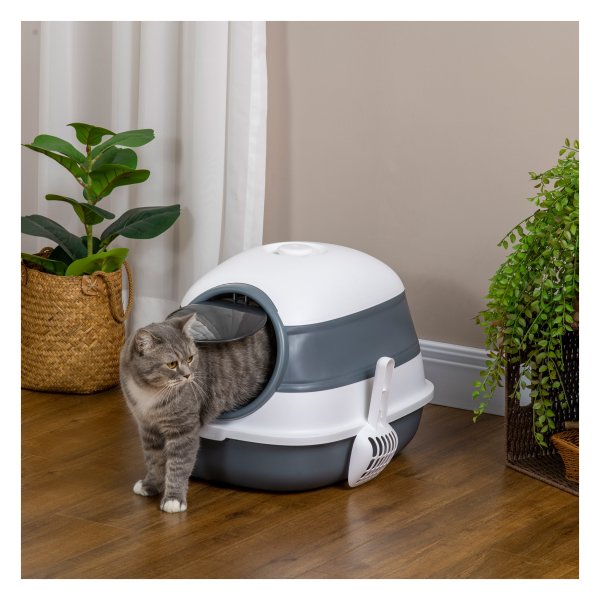 Kattenbak – HappyCat - Deksel – Geurfilter - Grijs & wit