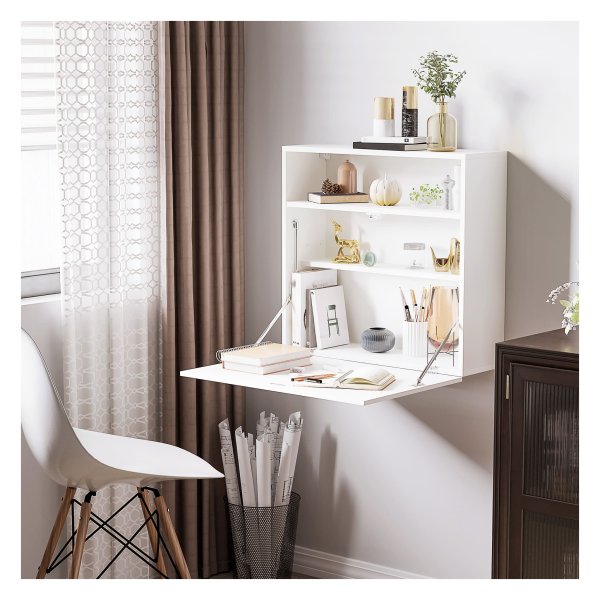 Wandtafel - Zaza Home - Opklapbare muur - Opbergvak - Wit