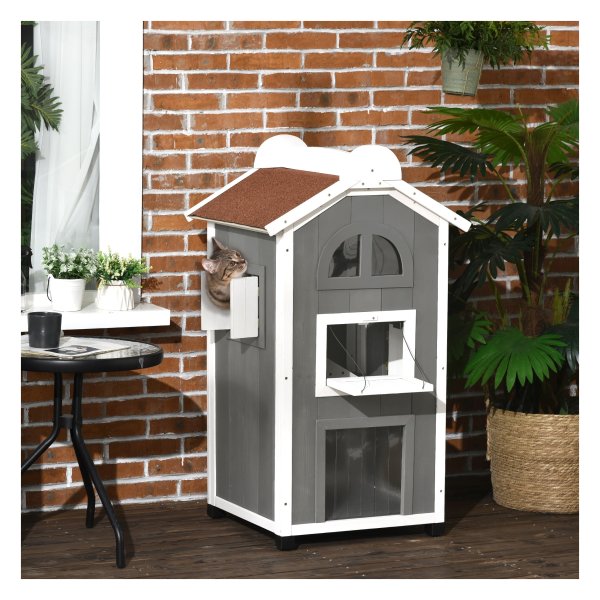 Kattenhuis - LuxePaws - Houten frame - Asfaltdak - Grijs